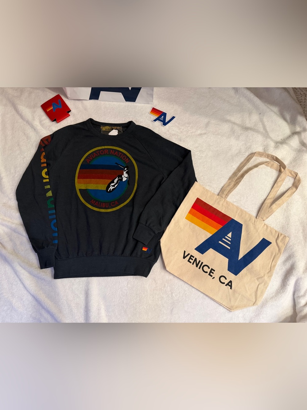 - NWT Aviator Nation Malibu Logo Sweatshirt in Small Charcoal & Tote Bag